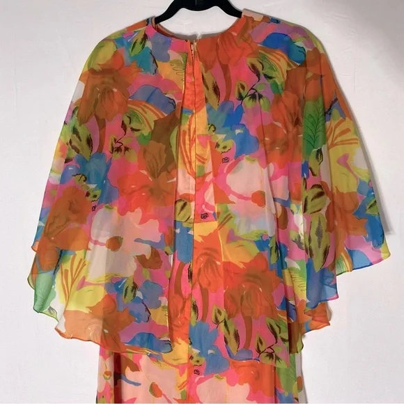 Vintage 60’s 70’s Orange Pink Blue Floral Capelet Chiffon Maxi Dress M Boho - Picture 7 of 16